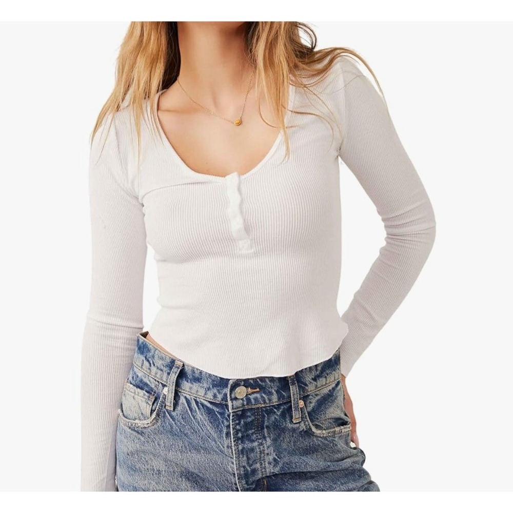 Free People Keep It Basic Layering Top White Ribbed Henley Long Sleeve Medium